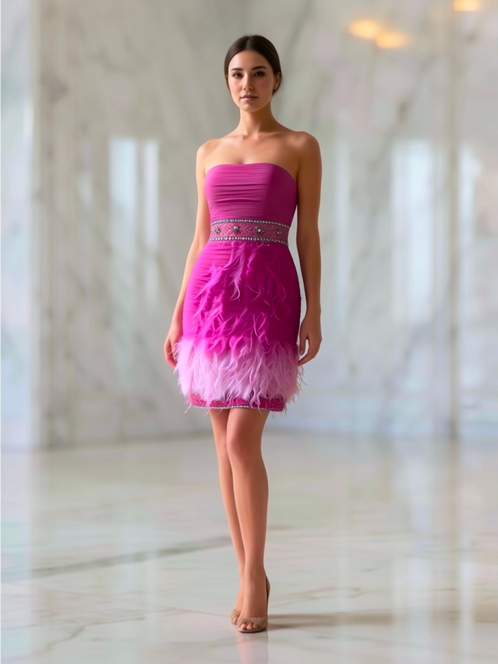 Sue Wong Pink Ombre Feathered Strapless Cocktail Dress